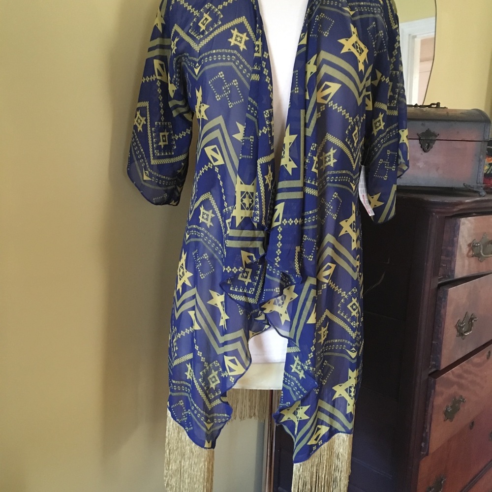 Lularoe Monroe kimono with golden fringe!